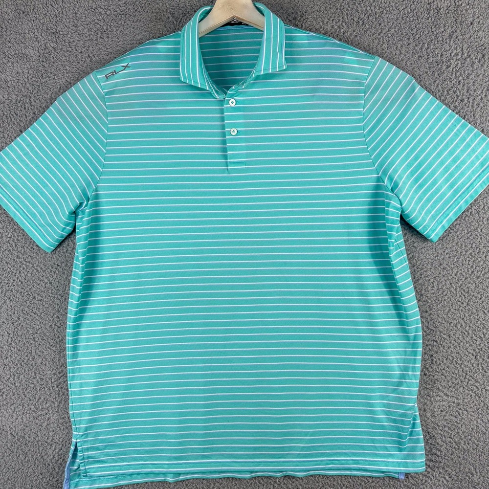 Ralph Lauren RLX Polo Shirt Mens XL Blue Green Striped Performance Golf Golfing